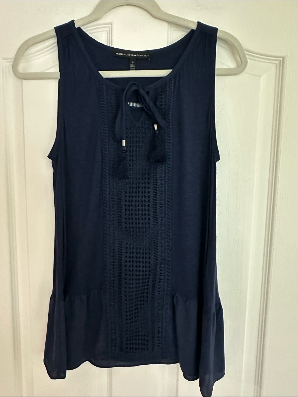 White House Black Market Navy Crochet-Front Tassel Tank